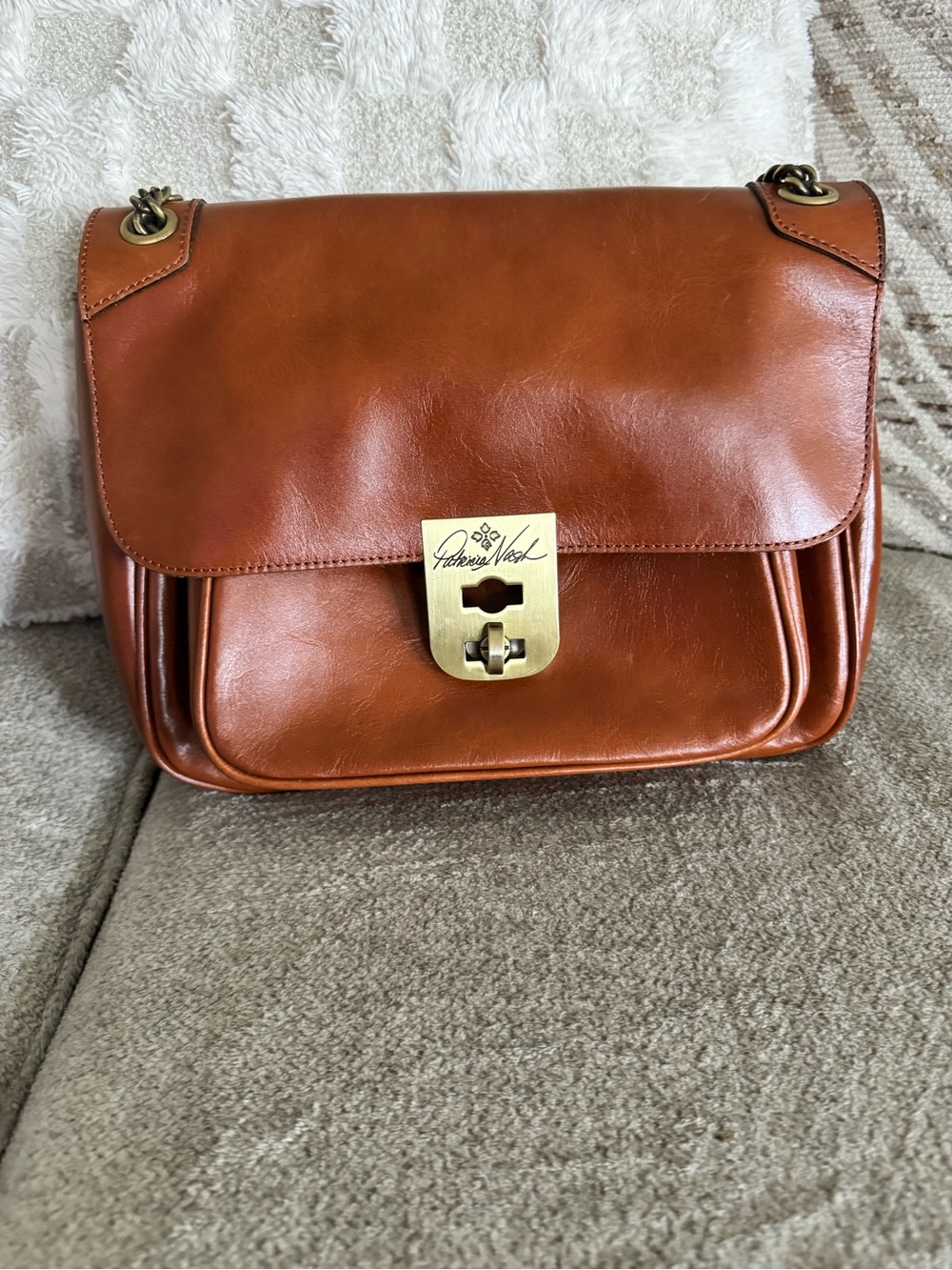 Patricia Nash Cognac Leather shoulder/Crossbody with Brass Turn-Lock